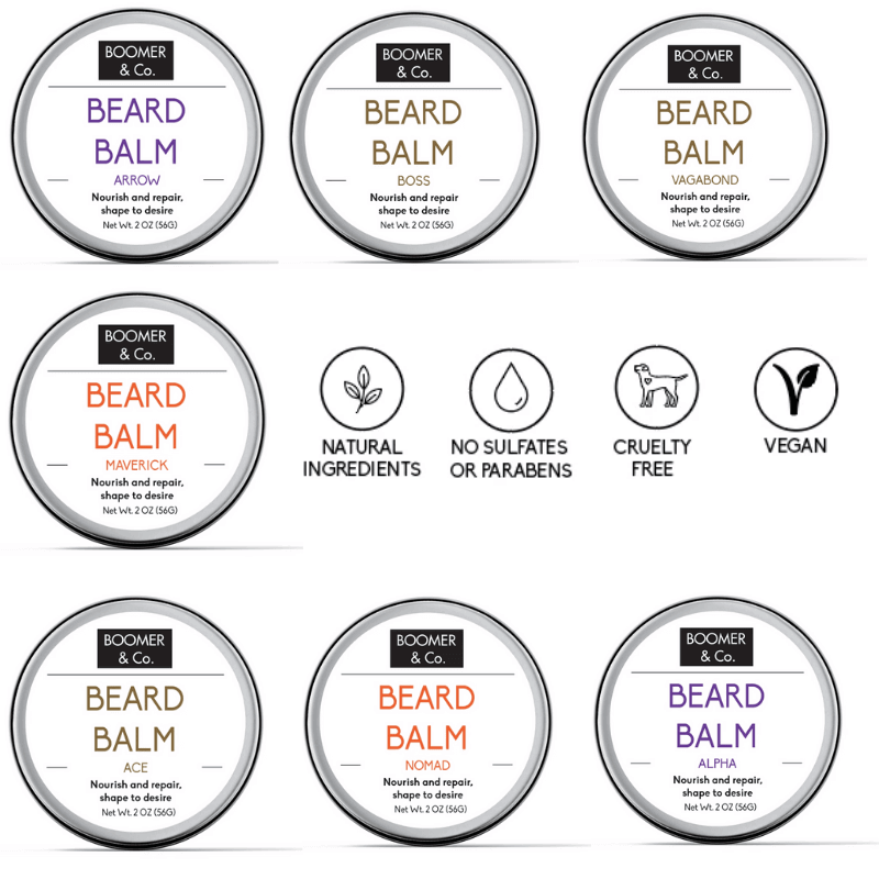 Assorted Boomer & Co. beard balms in tins showcasing unique scents and benefits, including natural and vegan ingredients.