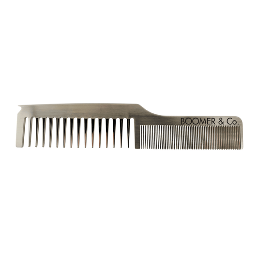 Dual Combo Stainless Comb by Boomer & Co., featuring a mirror finish for smooth styling and static-free hair.