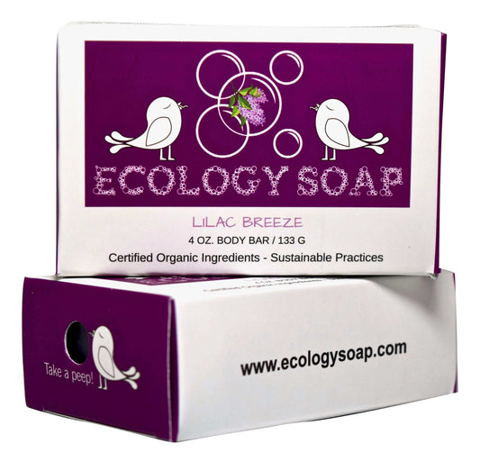 Lilac Breeze Bar Soap packaging featuring organic ingredients and eco-friendly design, showcasing fragrant lilac blossoms.