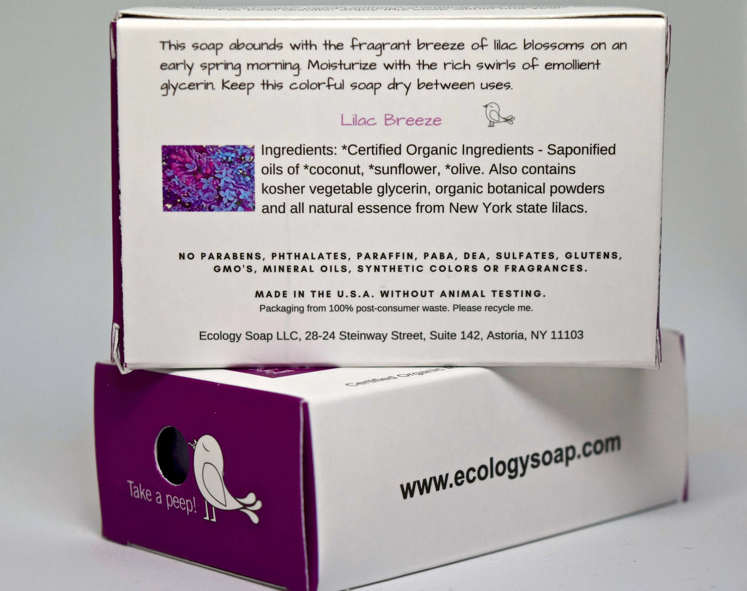 Lilac Breeze Bar Soap packaging showcasing organic ingredients and natural lilac essence for moisturizing benefits.