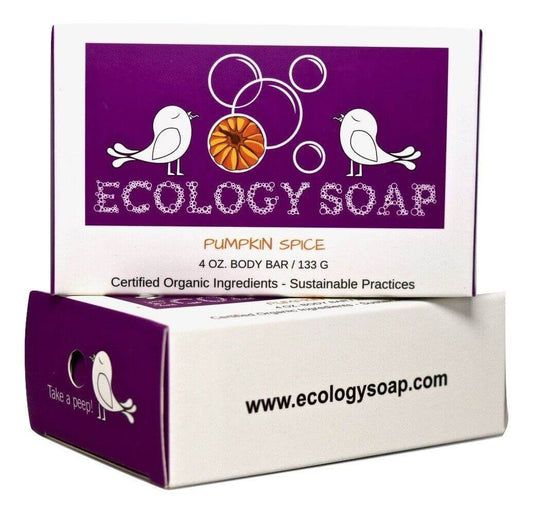 Pumpkin Spice Body Bar soap packaging featuring organic ingredients and eco-friendly practices.