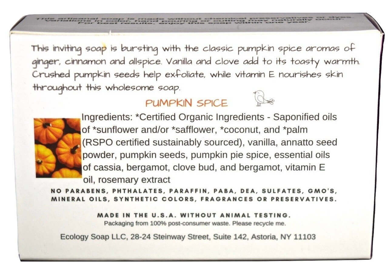 Pumpkin Spice Body Bar ingredients: pumpkin, ginger, cinnamon; paraben-free, made in the USA, cruelty-free. Organic & wholesome.