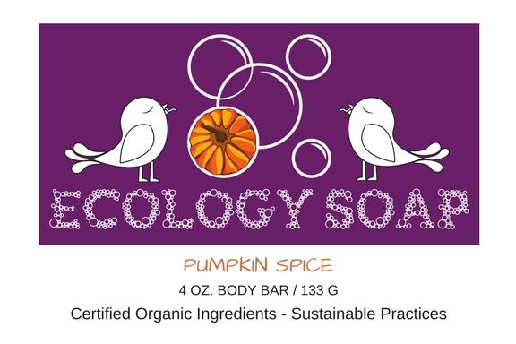 Pumpkin Spice Body Bar with organic ingredients and sustainable practices, featuring a cozy design with birds and pumpkin.