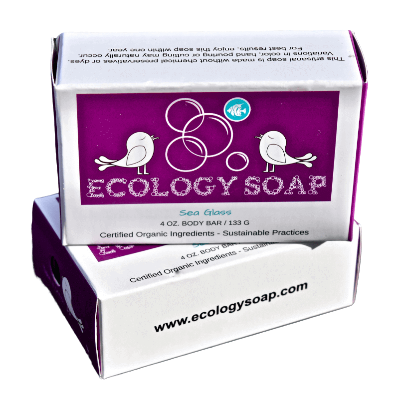 Ecology Soap Sea Glass Body Bar packaging with certified organic ingredients, showcasing sustainable practices.