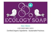 Sea Glass Body Bar soap with certified organic ingredients and sustainable practices, featuring whimsical bird design.