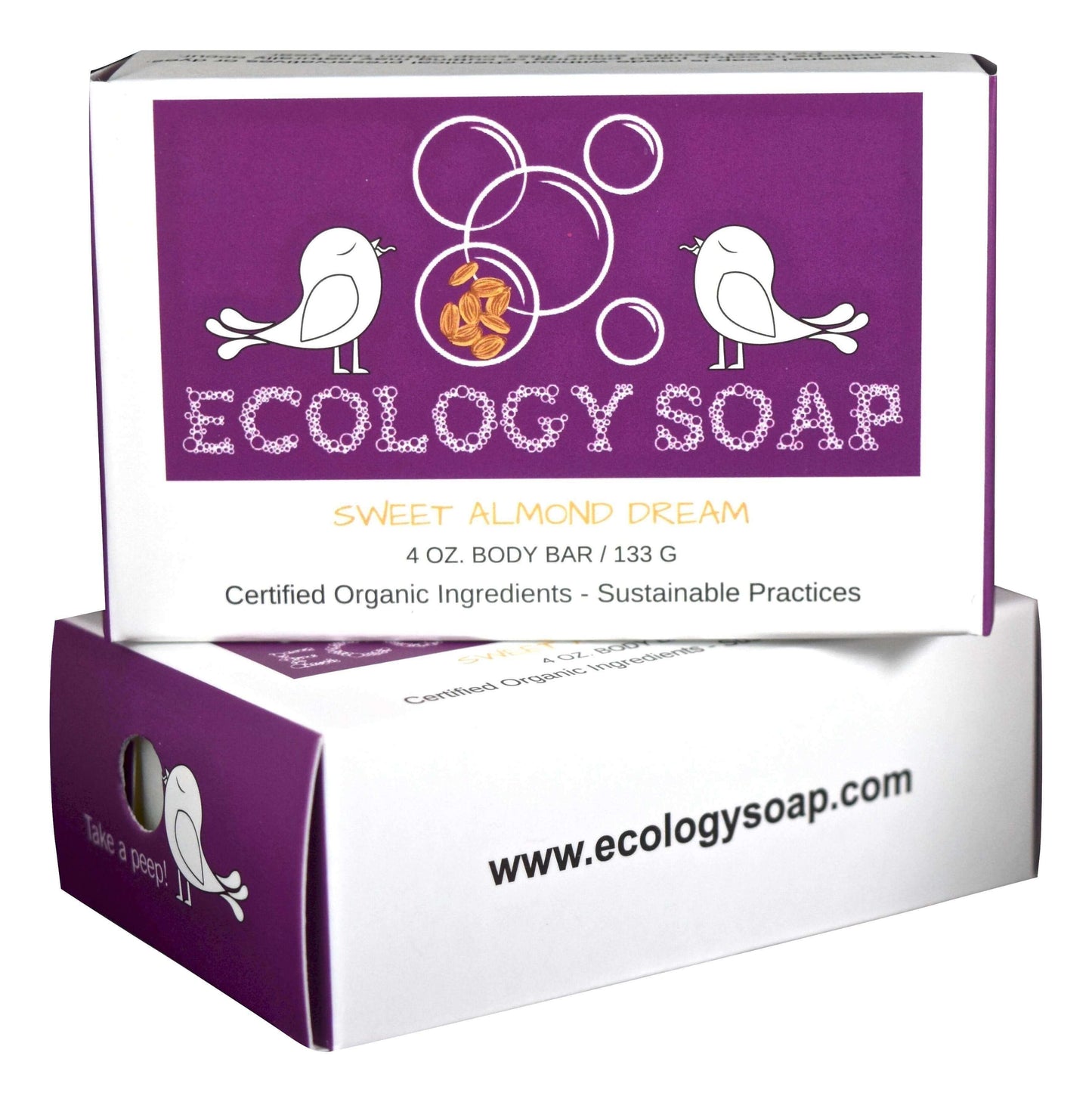 Sweet Almond Dream Bar Soap in eco-friendly packaging, highlighting certified organic ingredients and sustainable practices.