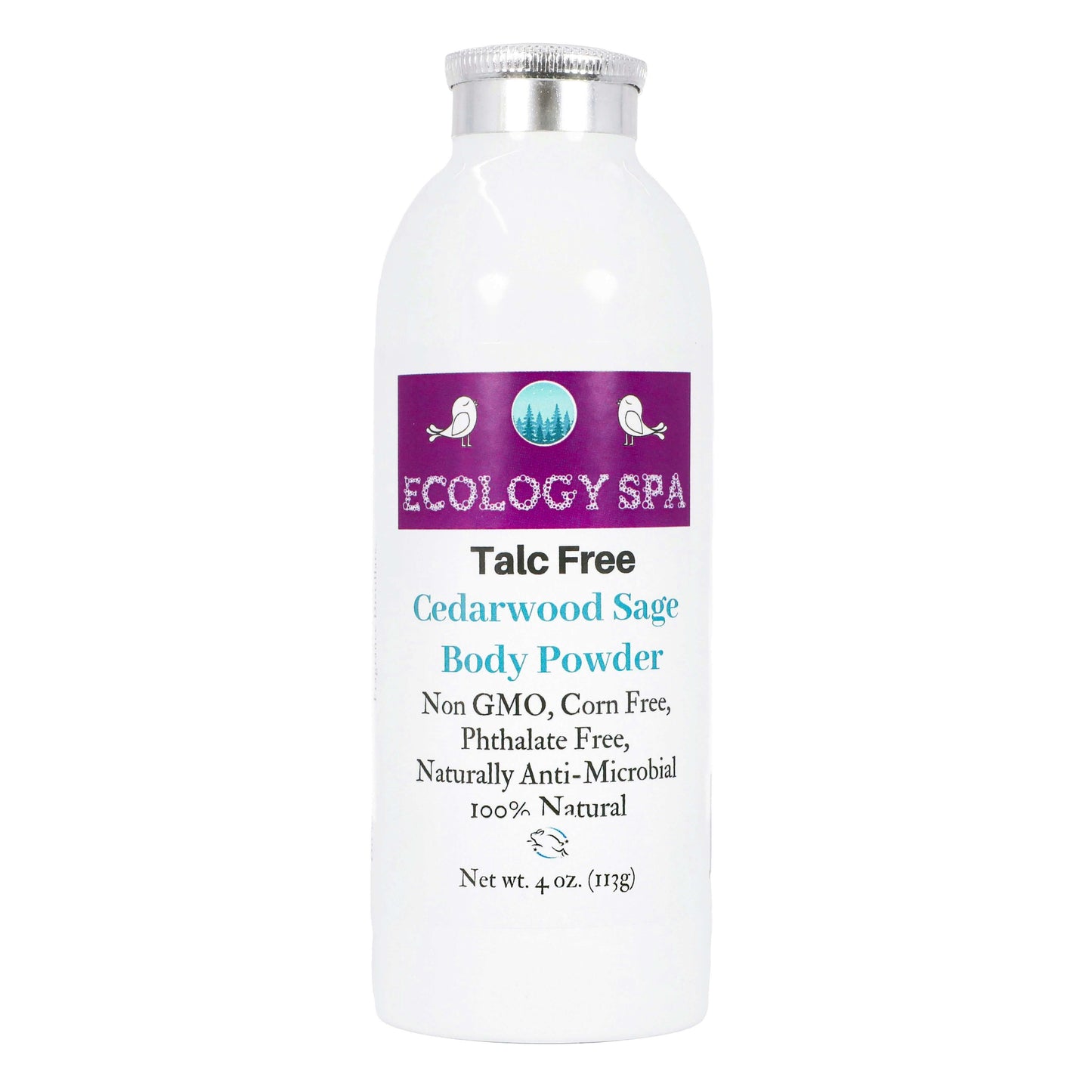 Ecology Spa Talc-Free Cedarwood Sage Body Powder in a 4 oz bottle, featuring natural ingredients and eco-friendly branding.