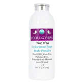 Ecology Spa Talc-Free Cedarwood Sage Body Powder in a 4 oz bottle, featuring natural ingredients and eco-friendly branding.