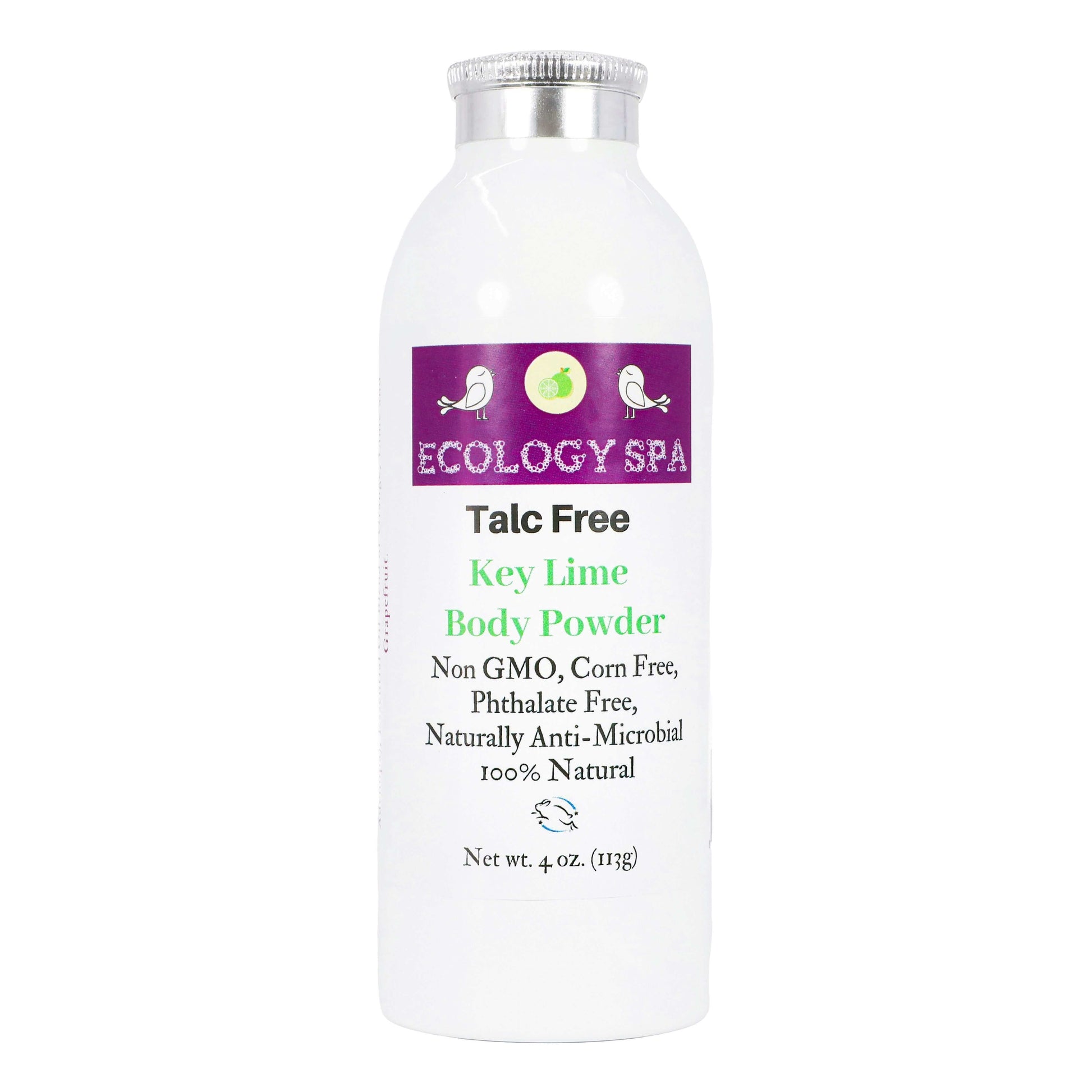 Ecology Spa Talc-Free Key Lime Body Powder in 4 oz bottle, featuring fresh citrus scent and natural ingredients.