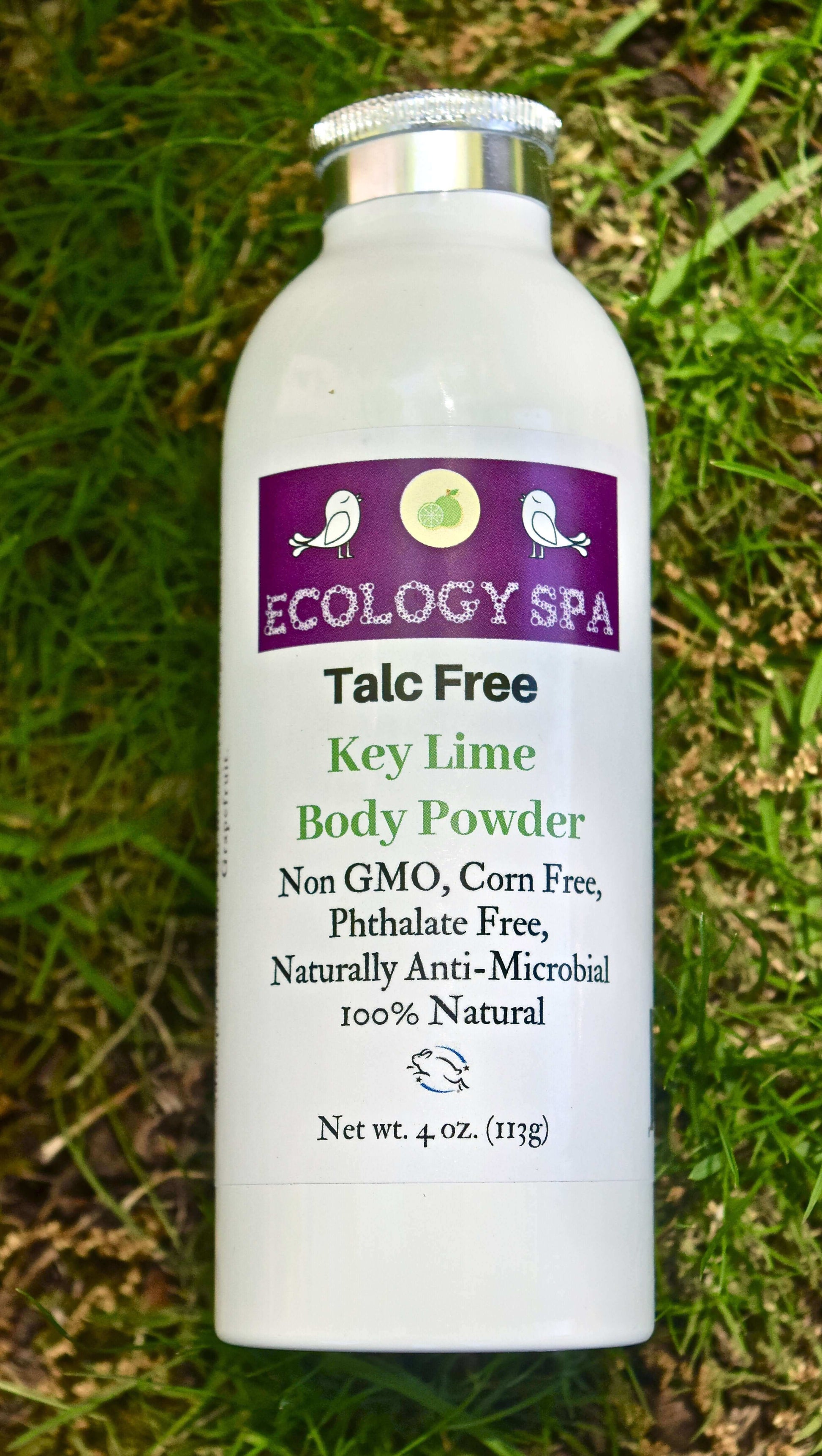 Talc-free Key Lime Body Powder by Ecology Spa, 100% natural with a fresh citrus scent, 4 oz bottle.