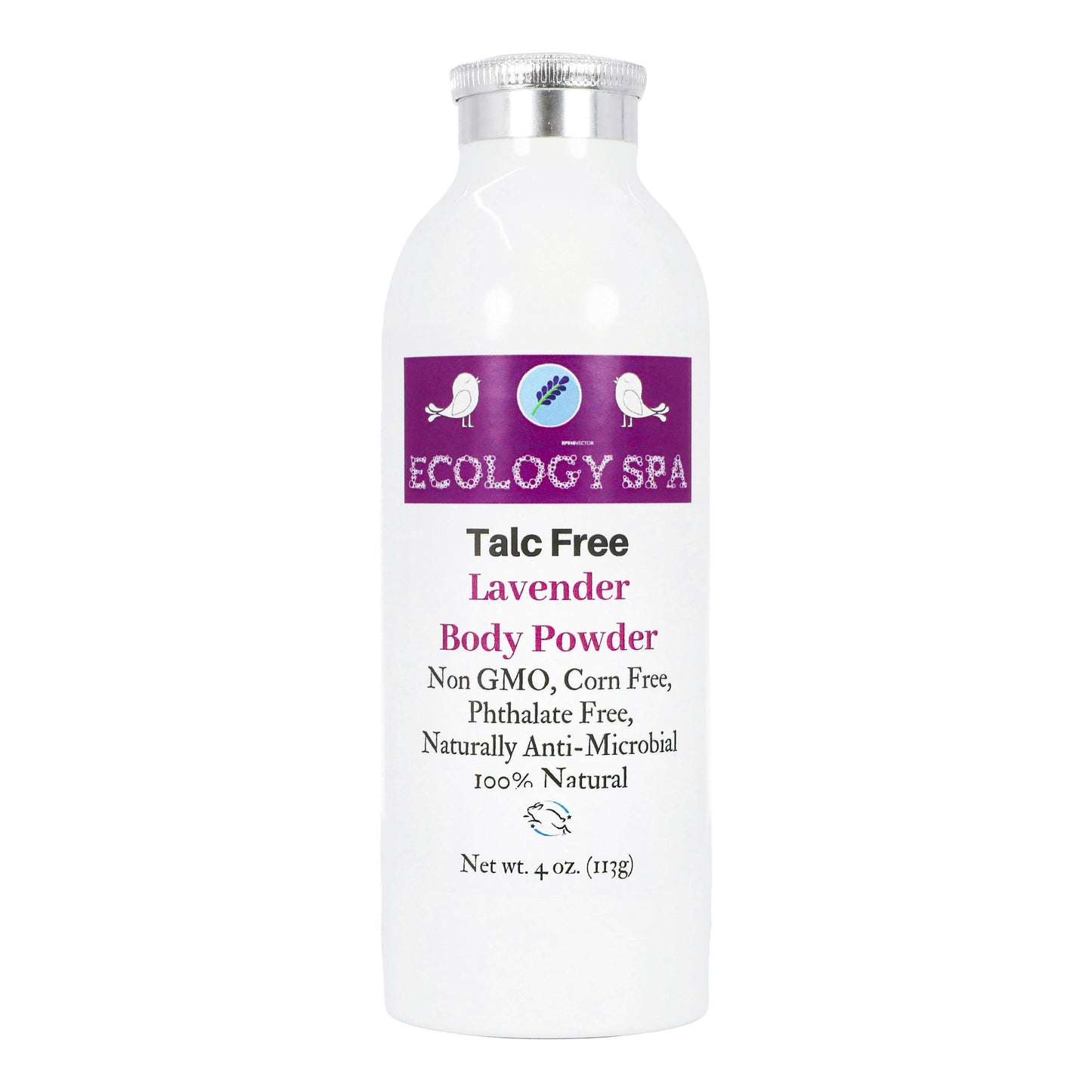 Talc-Free Lavender Body Powder by Ecology Spa in a 4 oz bottle, made from 100% natural ingredients.