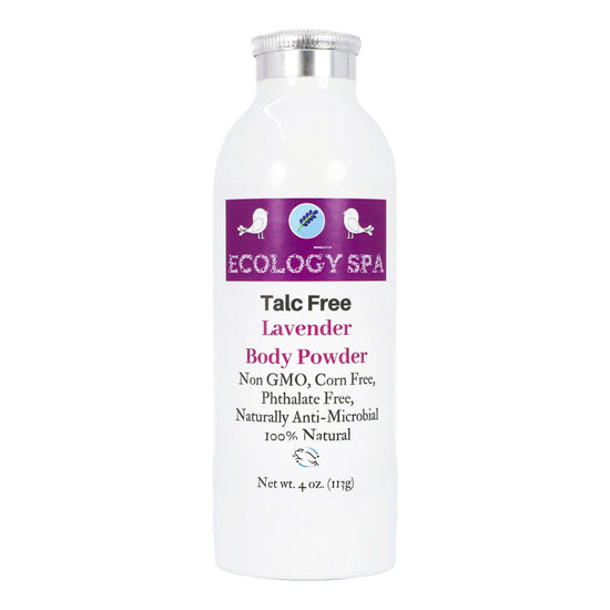 Talc-Free Lavender Body Powder by Ecology Spa in a 4 oz bottle, made from 100% natural ingredients.