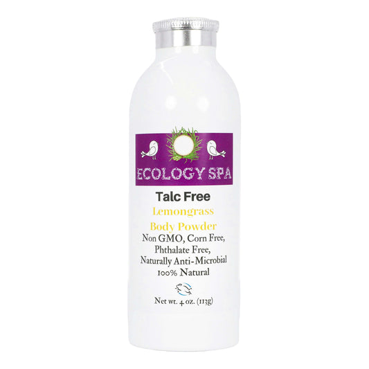 Talc-free lemongrass body powder by Ecology Spa in a 4 oz bottle, 100% natural and non-GMO.