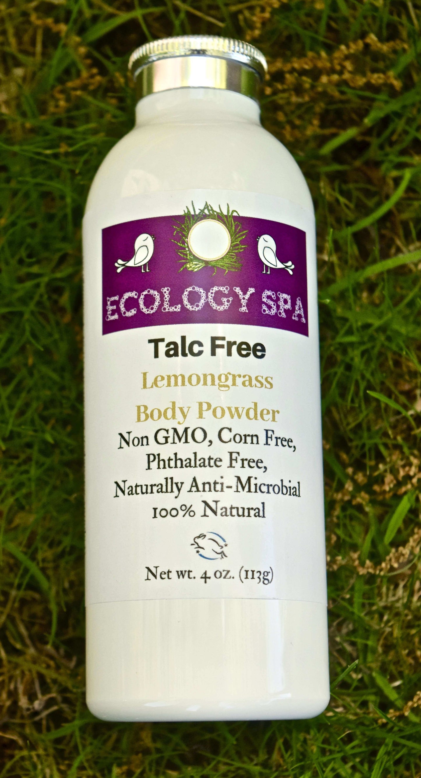 Talc-free lemongrass body powder by Ecology Spa, 100% natural, Non-GMO, Phthalate-free, award-winning freshness.