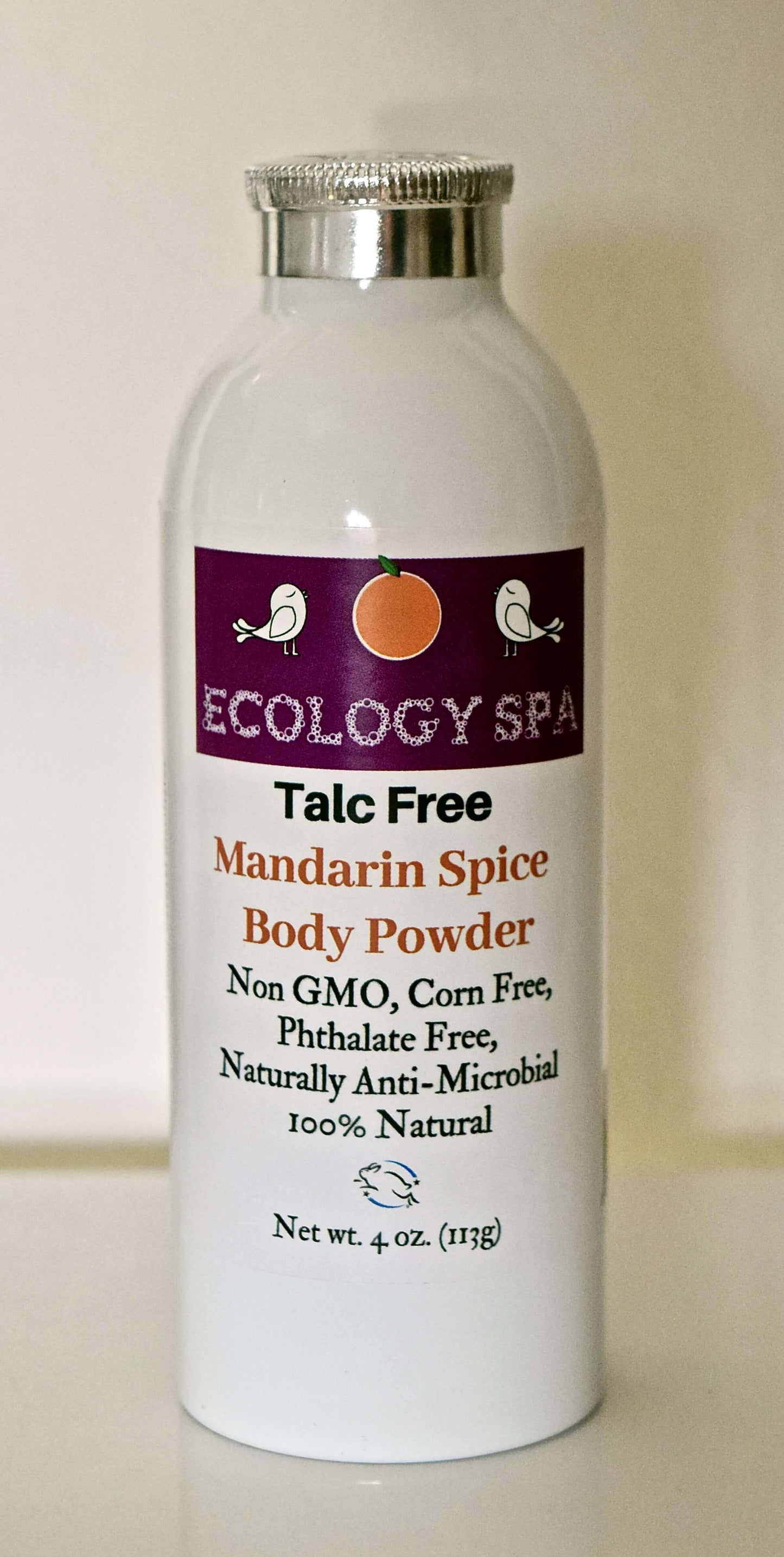 Talc-Free Mandarin Spice Body Powder by Ecology Spa in 4 oz bottle, featuring essential oils for an exotic scent.