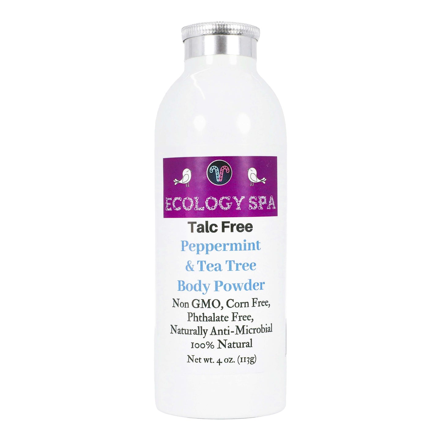 Talc-Free Peppermint & Tea Tree Body Powder bottle by Ecology Spa, 100% natural and invigorating blend.