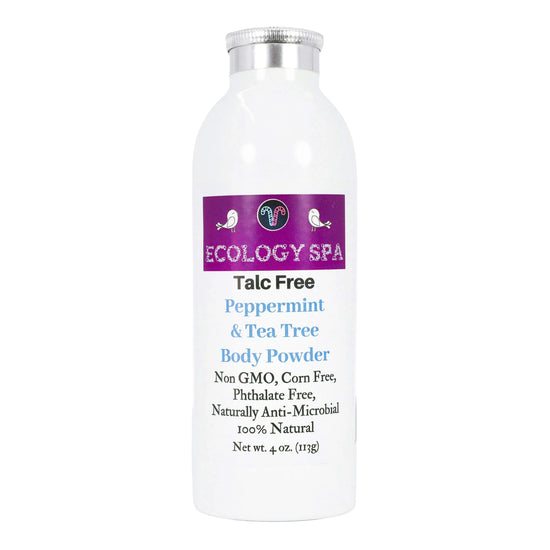 Talc-Free Peppermint & Tea Tree Body Powder bottle by Ecology Spa, 100% natural and invigorating blend.