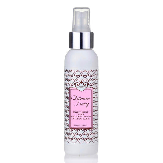 Buttercream Frosting Hydrating Body Mist with Organic Aloe & Willow Bark, vegan and cruelty-free body mist in a spray bottle.