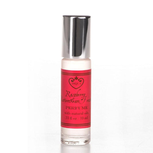 Raspberry Buttercream Frosting roll-on perfume oil with natural oils in a stylish bottle, perfect for on-the-go fragrance application.