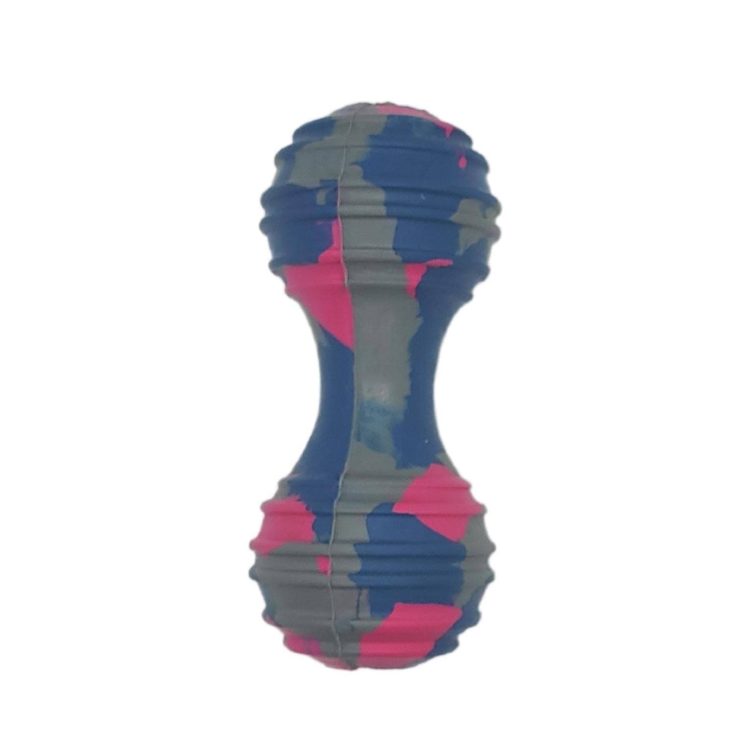 Natural rubber dumbbell dog toy in bright blue and pink camouflage pattern, durable and eco-friendly.