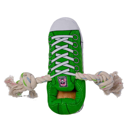 Squeaking Comfort Plush Sneaker Dog Toy in green with rope for tugging, perfect chew toy for all dog sizes.