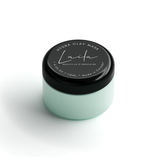 Hydra-derm Clay Mask by Laita in a stylish mint green container for refreshing skin hydration and nourishment.