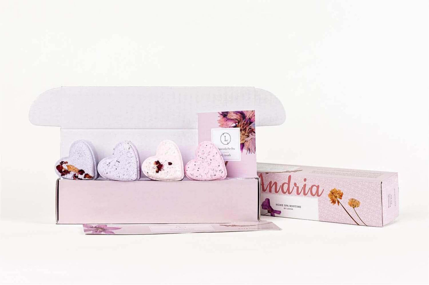 Heart-shaped shower steamers gift set with lavender steamers in a beautifully designed box.