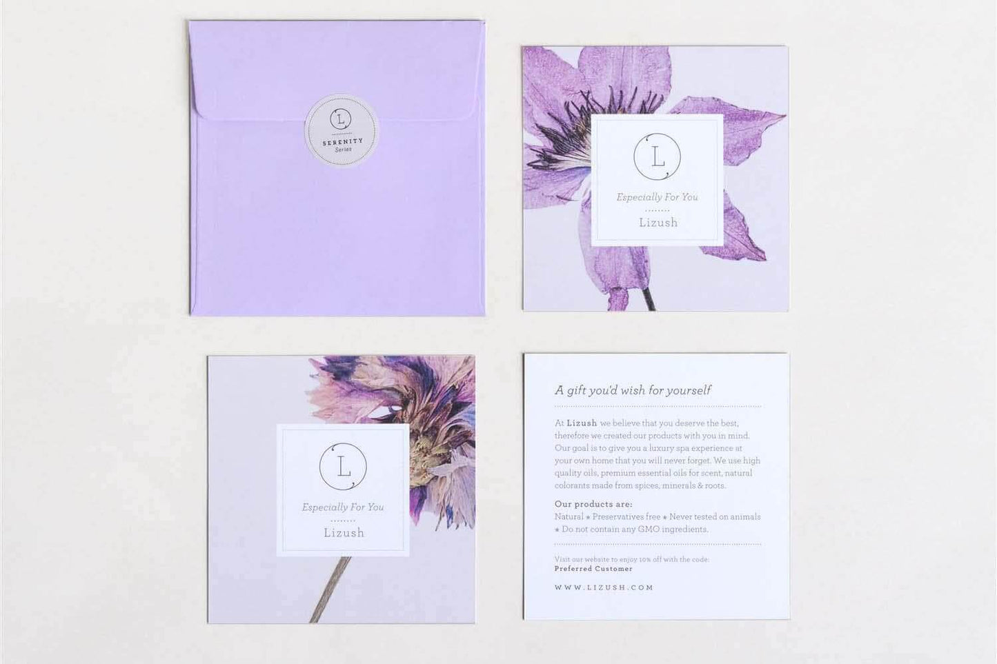 Stylish greeting card set with lavender design, including envelopes and product information card.