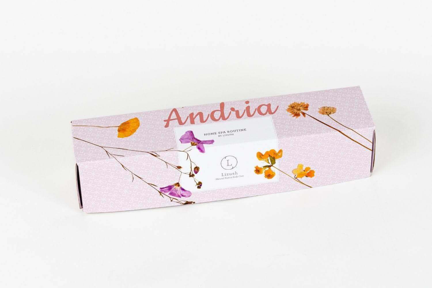 Heart-shaped shower steamers gift box featuring dried flowers and elegant design by Andria.