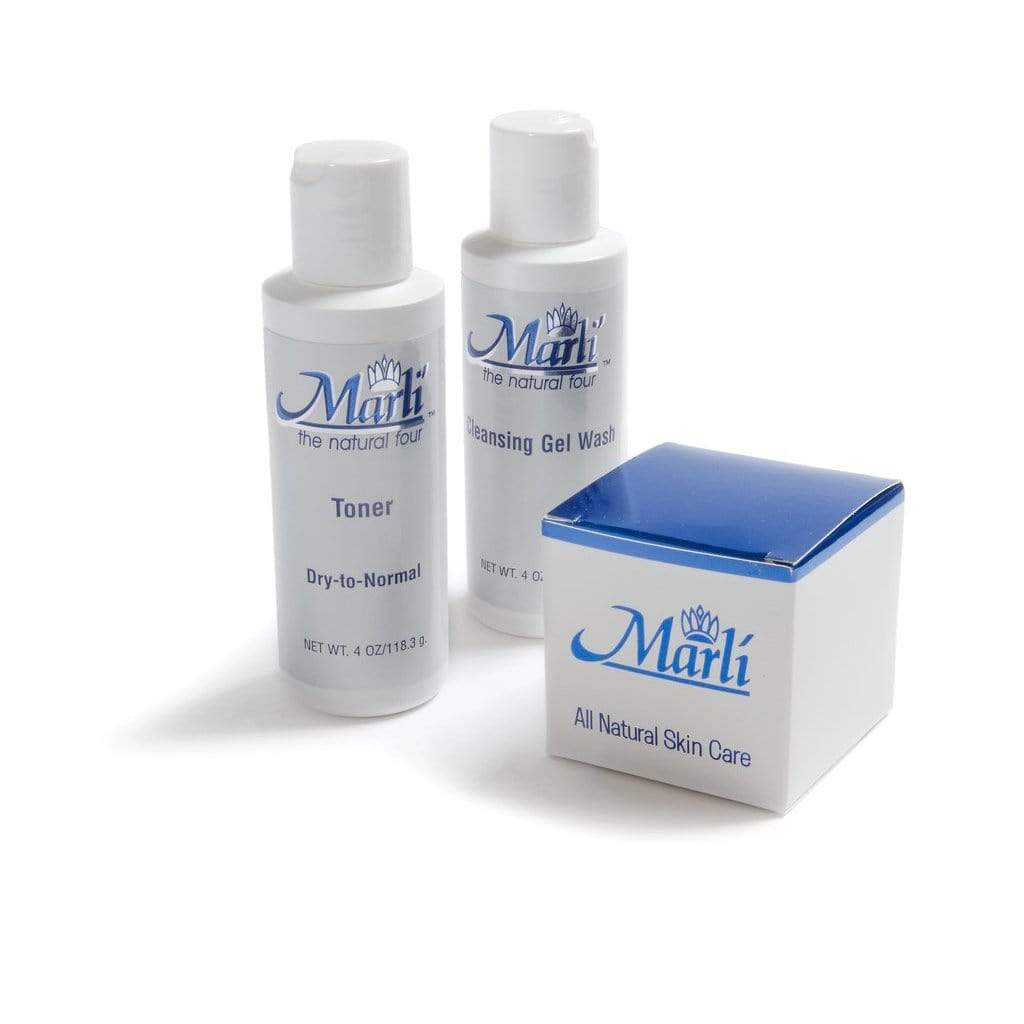 Marli Skin Care Kit featuring toner, cleansing gel wash, and moisturizer for a complete daily routine.