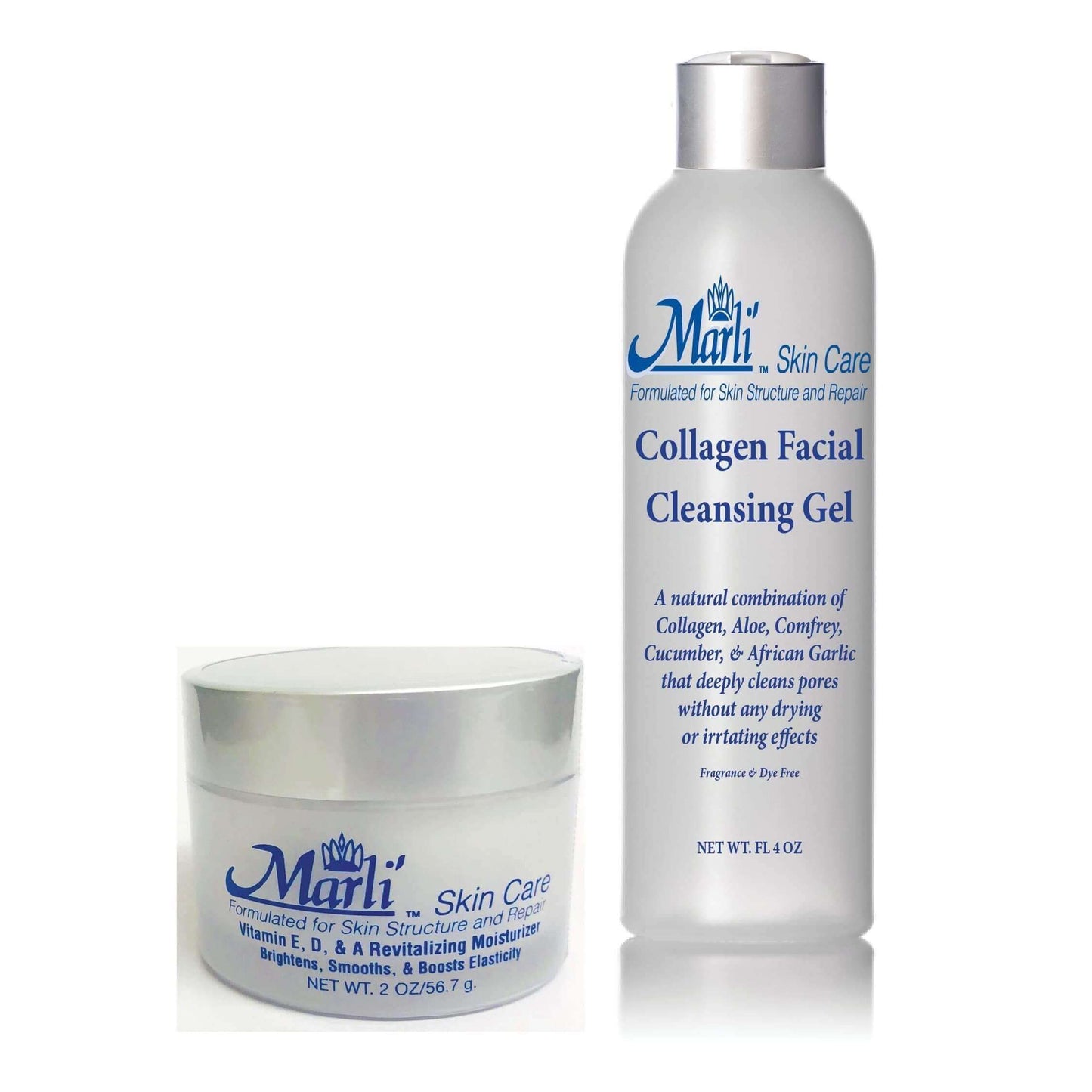 Marli Skin Care Collagen Facial Cleansing Gel and Revitalizing Cream for skin structure and moisture.