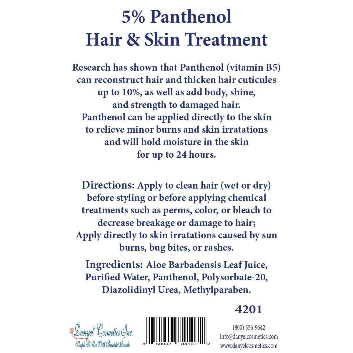 Label of 5% Panthenol Hair & Skin Treatment showing benefits for hair restoration and skin hydration.
