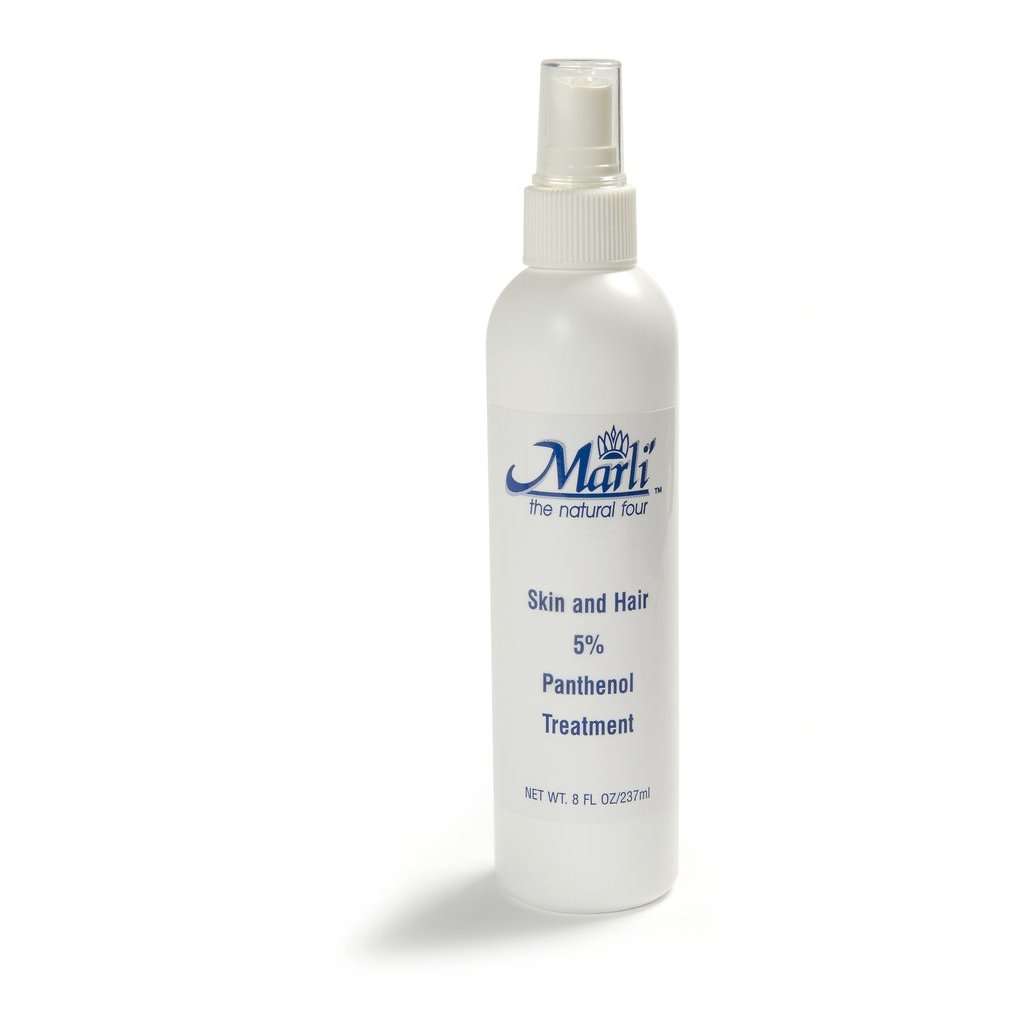 Marli 5% Panthenol Hair & Skin Treatment spray bottle for frizz control and moisture retention.
