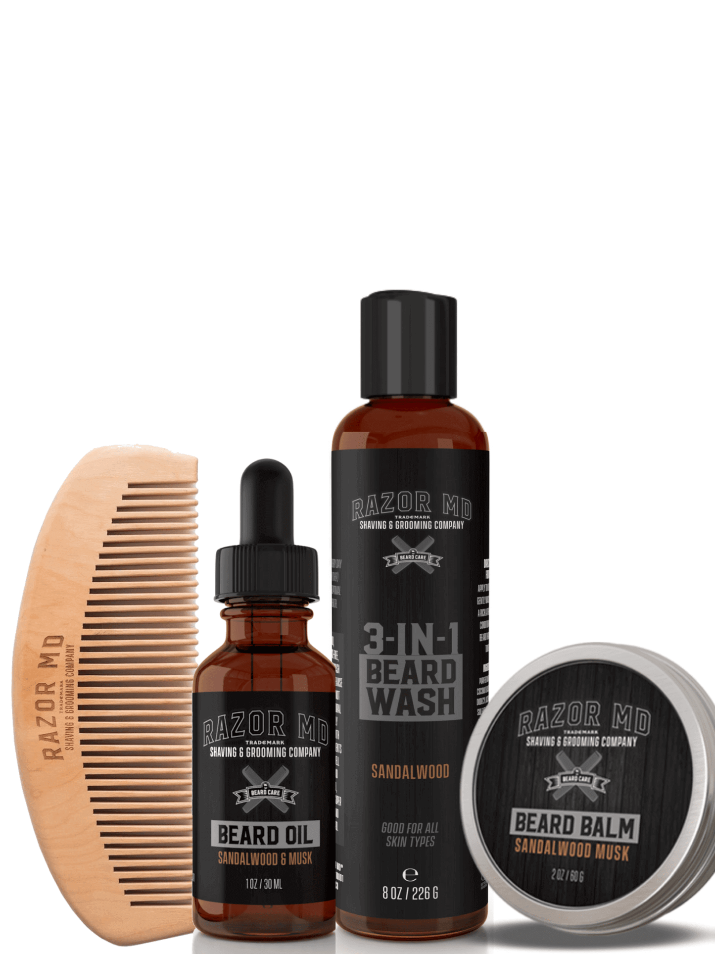 Beard Bundle and Gift Set including Sandalwood Beard Oil, Beard Wash, Beard Balm, and custom wood comb.