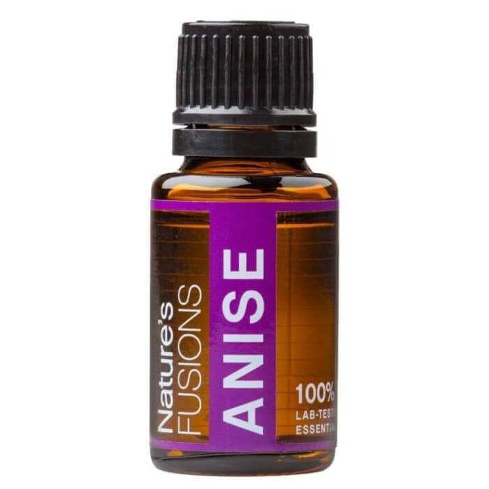 Nature's Fusions Anise Pure Essential Oil in brown bottle, 15ml, for promoting digestion and freshness.