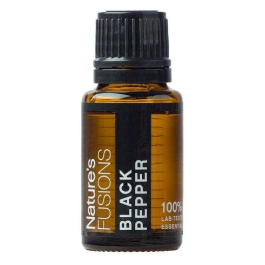 Nature's Fusions Black Pepper Essential Oil 15ml bottle for pain relief and wellness benefits.