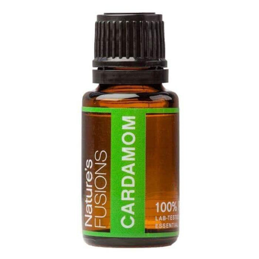 Cardamom Pure Essential Oil 15ml bottle from Nature's Fusions, 100% lab-tested for purity and quality.