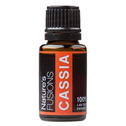 Cassia essential oil bottle by Nature's Fusions, 100% pure, steam-distilled, aromatic, 15ml.