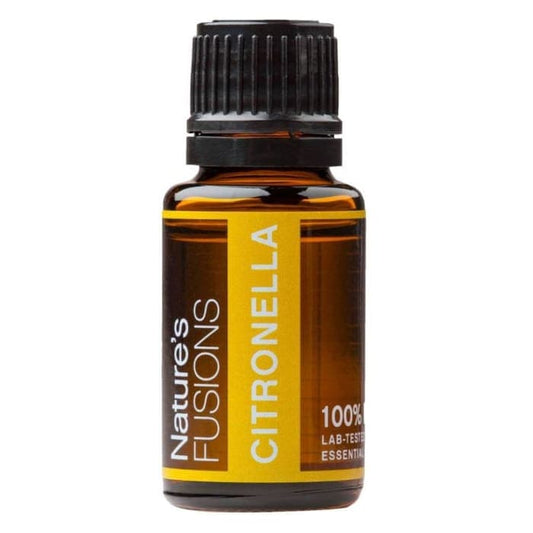 Nature's Fusions Citronella Pure Essential Oil 15ml bottle, 100% lab-tested, steam-distilled from Indonesia.