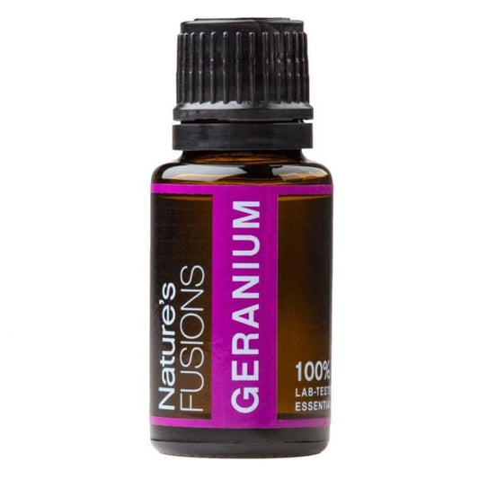 Geranium Pure Essential Oil by Nature's Fusions in 15ml amber glass bottle, labeled 100% lab-tested.