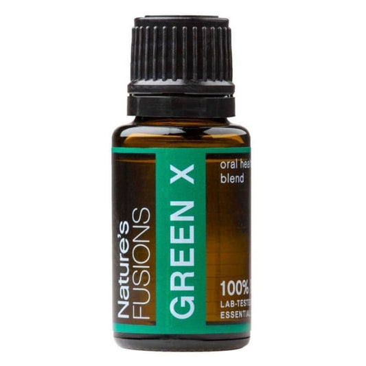 Green-X Oral Health 15-ml essential oil by Nature's Fusions, promoting healthy skin and lips with natural ingredients.