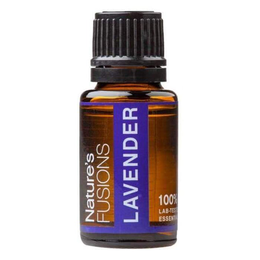 Lavender Pure Essential Oil by Nature's Fusions, 15ml bottle, known for relaxing and skin care benefits.