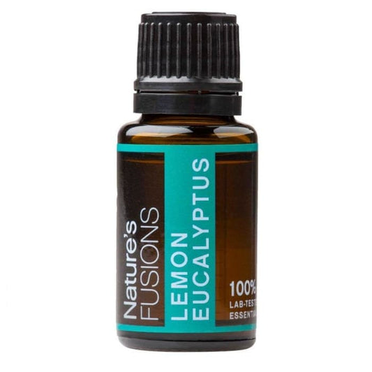 Nature's Fusions Lemon Eucalyptus Essential Oil 15ml bottle for relaxation and insect repellent use.