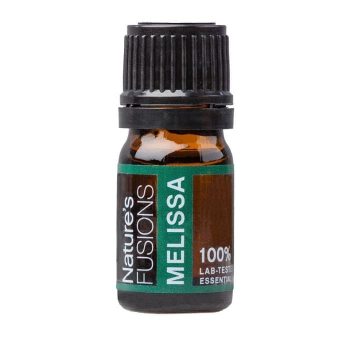 Melissa Pure Essential Oil by Nature's Fusions in a 5ml bottle, known for its uplifting lemony scent.