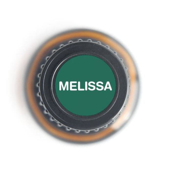 Top view of Melissa Pure Essential Oil 5ml bottle with green label.