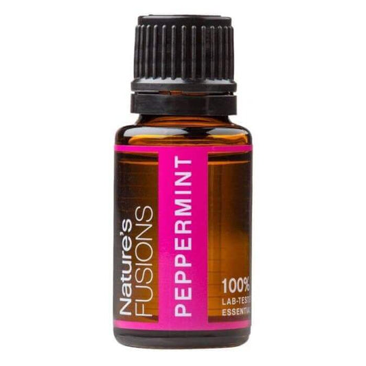 15ml bottle of Nature's Fusions 100% Peppermint Essential Oil for cooling and refreshing uses.