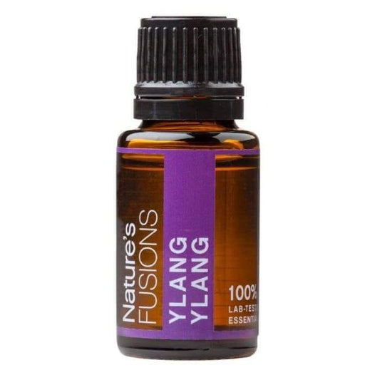 15ml bottle of Nature's Fusions Ylang Ylang pure essential oil, lab-tested for quality and potency.