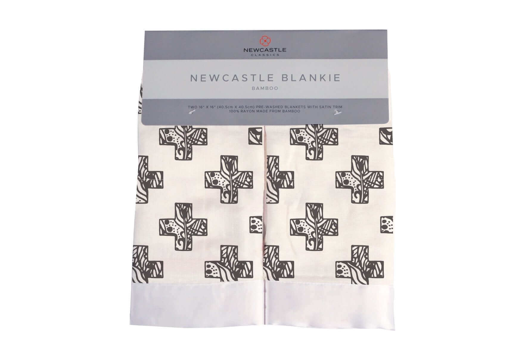 Nordic Stamp Bamboo Muslin Security Baby Blanket by Newcastle, featuring a stylish black cross design.