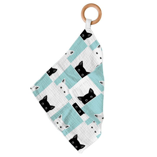 Peek-A-Boo Cats Newcastle Teether featuring a bamboo mini blankie and a removable wood ring, ideal for soothing gums.