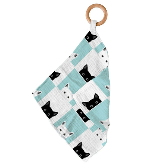 Peek-A-Boo Cats Newcastle Teether featuring a bamboo mini blankie and a removable wood ring, ideal for soothing gums.